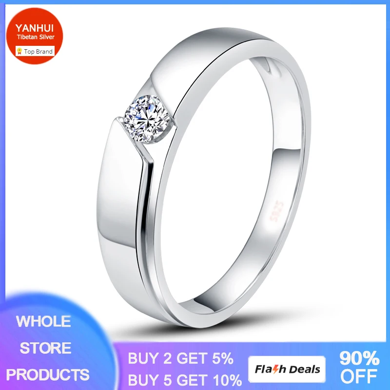 100% Real Tibetan Silver Wedding Rings for Men and Women Round 4mm Solitaire Cubic Zircon Ring Allergy Free Couple Jewelry Gift