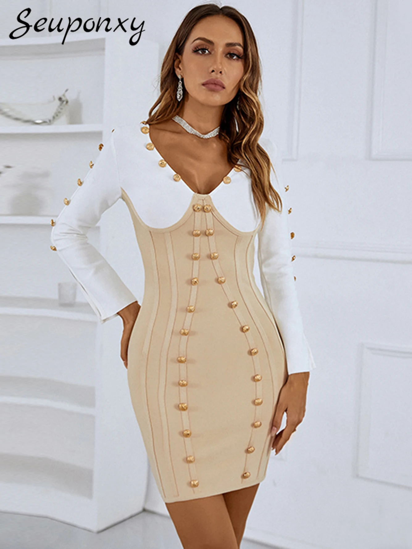 High Quality Fall 2022 Sexy V Neck Long Sleeve Double Breasted Bodycon Bandage Dress Women Elegant Evening Party Mini Dresses