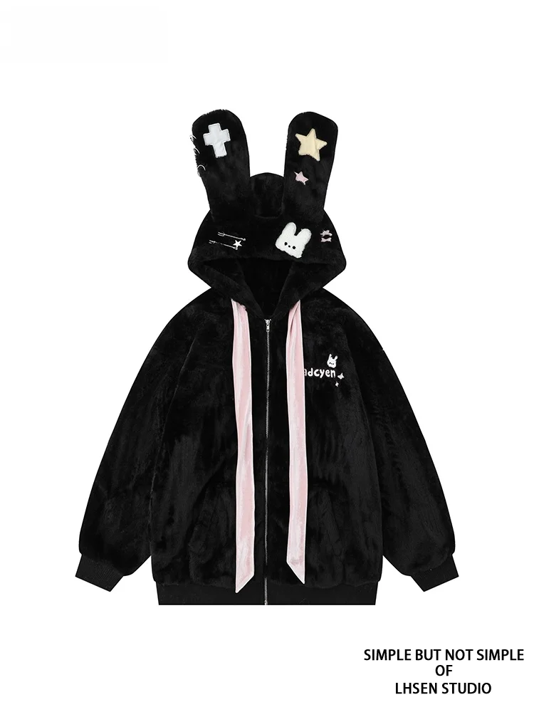 Плюс размер Lhsen милое и бархатное пальто с кроличьими ушками капюшоном из овечьей