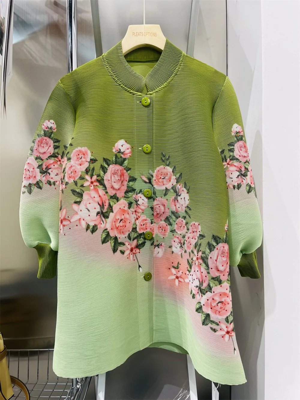 2023 Spring Summer Chic Women's Elegant Stand Collar Flroal Print Green Shirt Tops C560