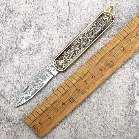 Складной нож из дамасской стали Trskt, карманный Клинок для кемпинга и выживания, с медной ручкой, для повседневного использования, Прямая поставка