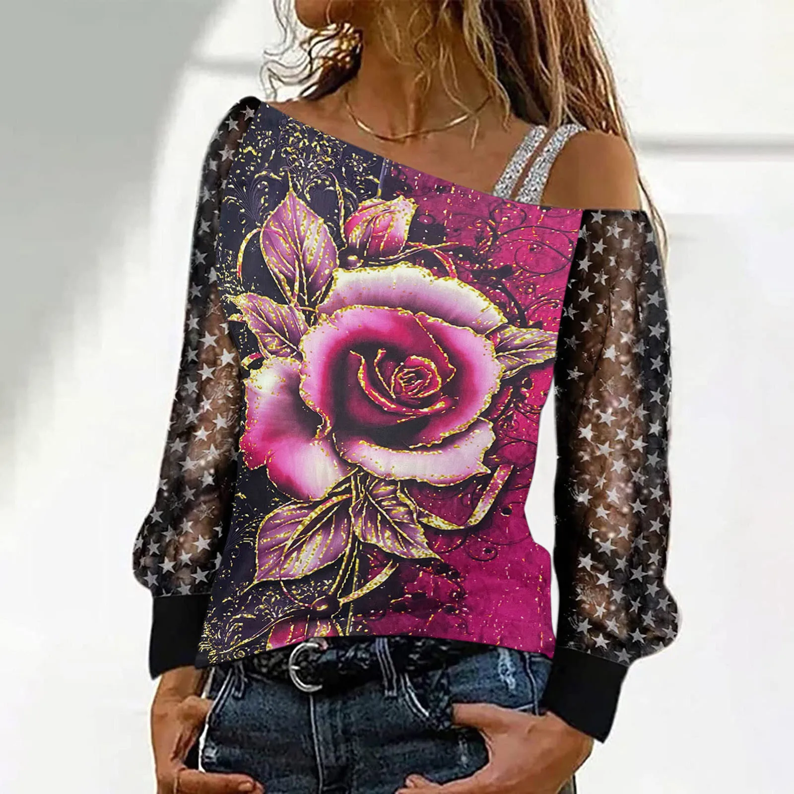 

Ladies Shirt Long Sleeve Cold Shoulder Blouse For Women Fashion Ladies Sexy Casual Printed Single Shoulder Oversized Long Sleeve