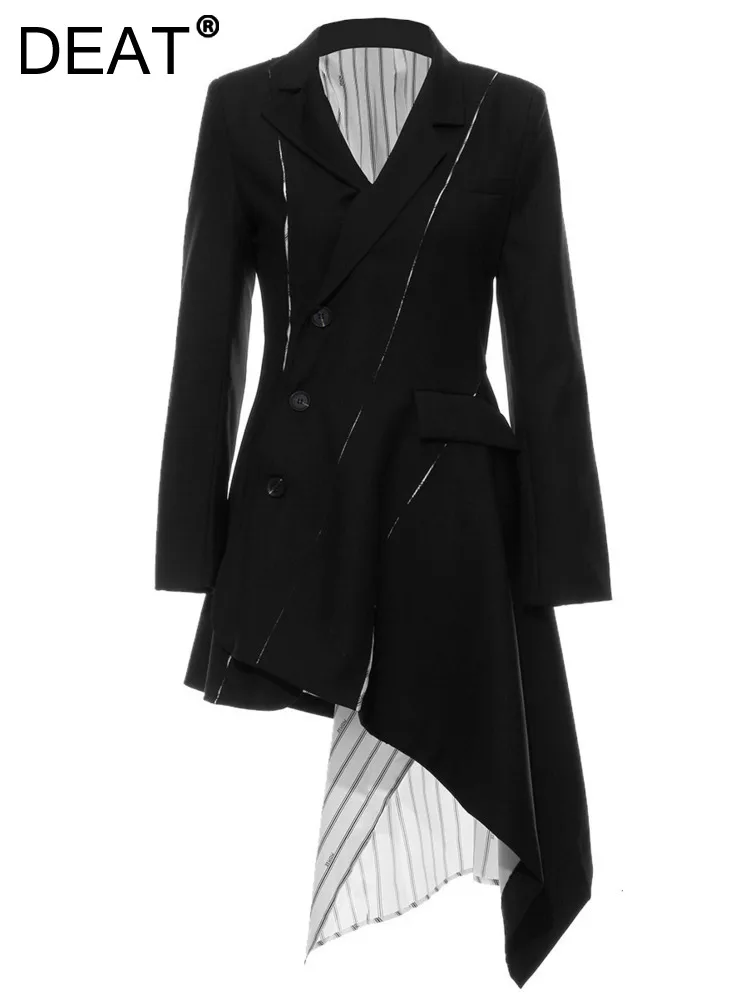 

DEAT Fashion Women's Suit Dress Notched Collar Long Sleeve Patchwork Stripe Asymmetrical Slim Dresses Spring 2023 New WJ05001L