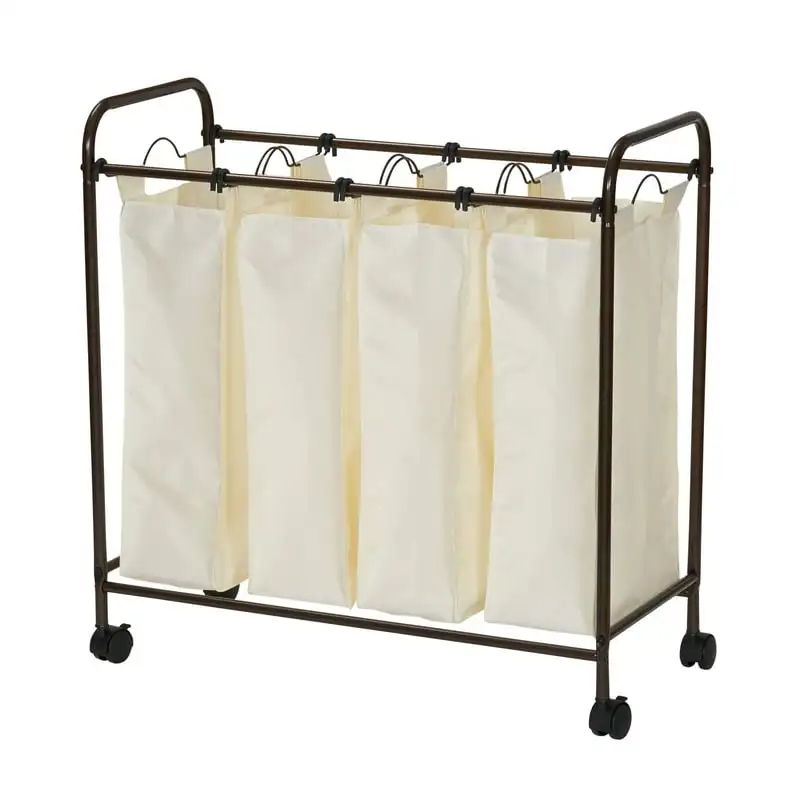 

Rolling Quad Sorter Laundry Hamper with Natural Polyester Bags, Antique Bronze Easy Carry Extended Handles for Clothes
