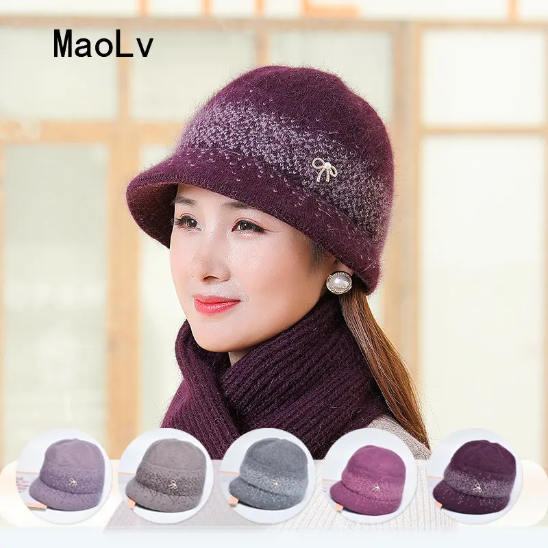 Winter Rabbit Fur Knitted Hat for Female Outdoor Plush Thick Warm Beret Cap Women Fashion Skullies Grace Lady Coldproof Beanies