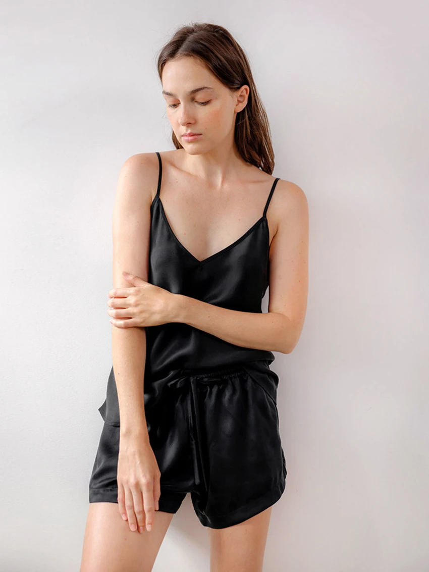 Marthaqiqi Sexy V-Neck Women'S Pajama Set Sleeveless Nightwear Spaghetti Strap Sleepwear Drawstring Shorts Femme Summer Homewear