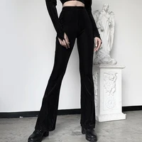2021spring fashion womans retro sexy bell bottomed long pants high waist elastic casual suede ribbed loose trousers pants black