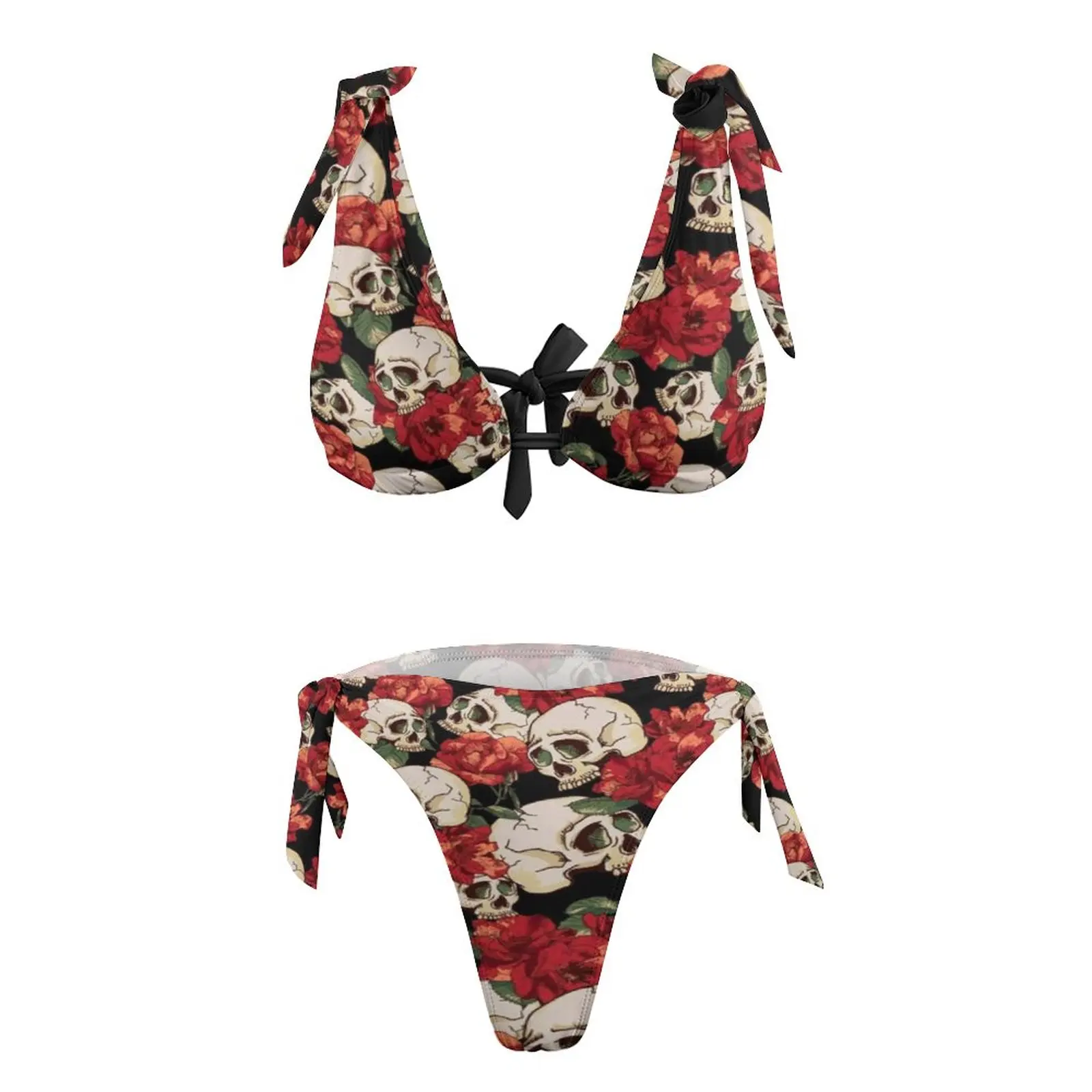 Купальник-бикини пуш-ап с принтом в виде черепа и цветов |