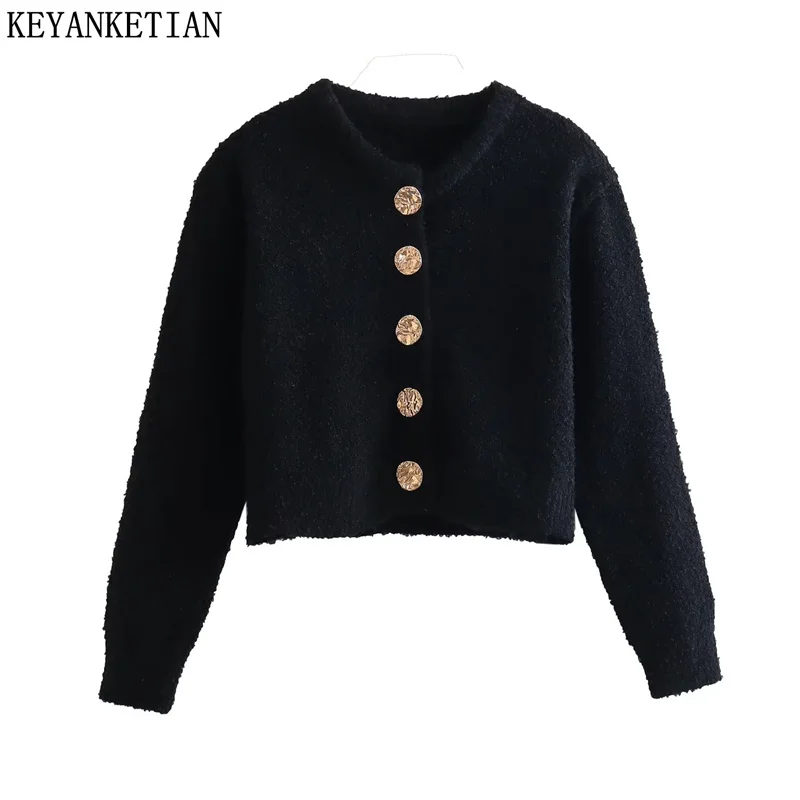 

Женский укороченный вязаный кардиган KEYANKETIAN, облегающий свитер с длинными рукавами и золотыми пуговицами, верхняя одежда, осень/зима