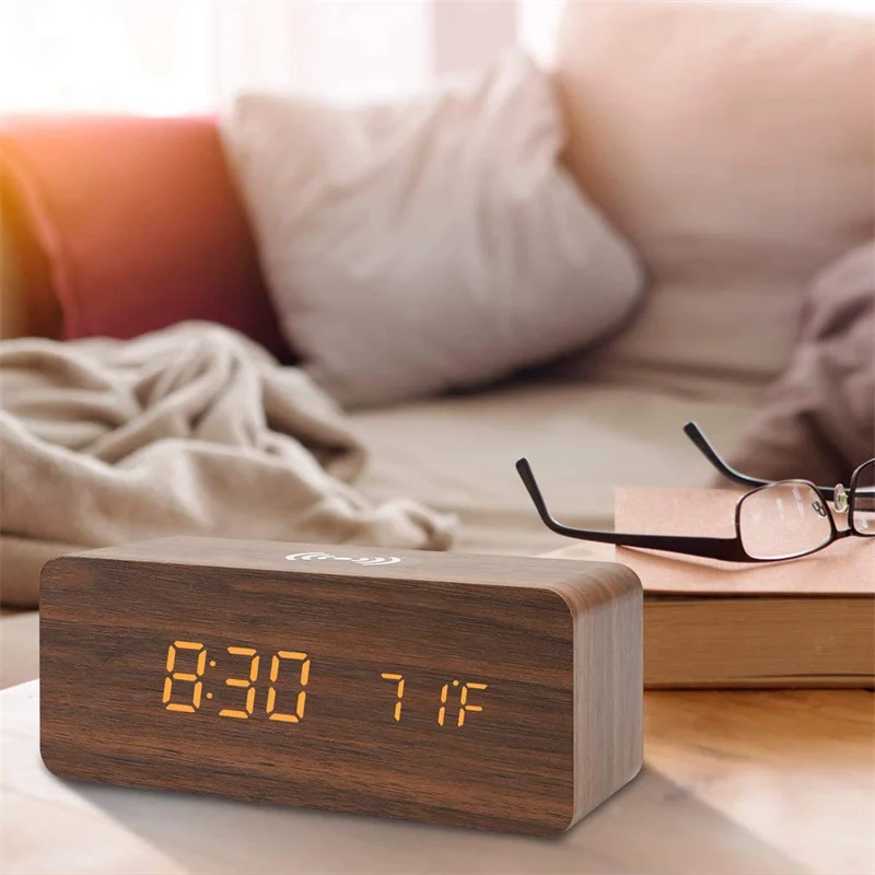 

Alarm Clock LED Digital Wooden USB/AAA Powered Table Watch with Temperature Mobile Phone Wireless Charging Desktop Clocks