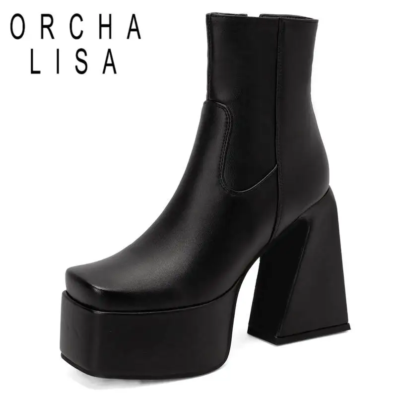 

ORCHALISA Women Boots 13.5cm Square Toe Strange High Heel 12.5cm Platform 5cm Zipper Big Size 35-43 Solid Fashion Concise Dating