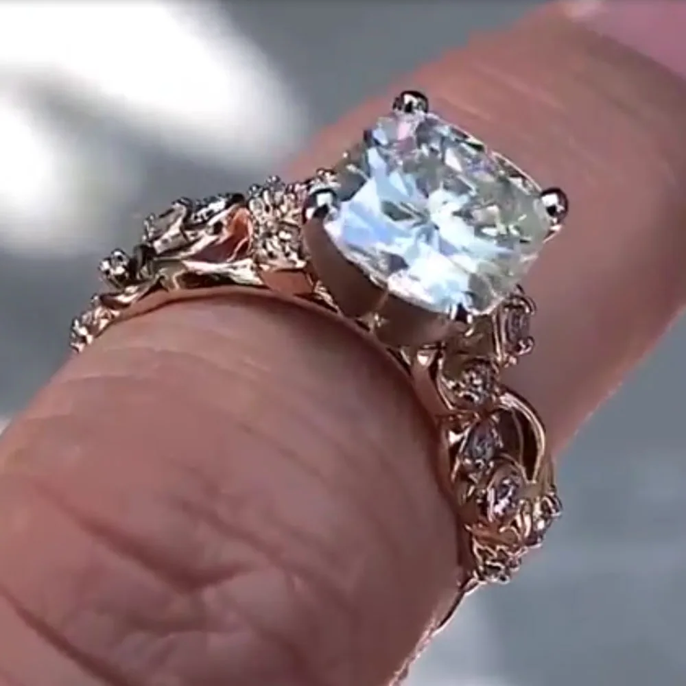 Custom Solid 18K Rose Gold Women Wedding Party Anniversary Engagement Ring 1 2 3 4 5 Carat Cushion Moissanite Diamond Vine