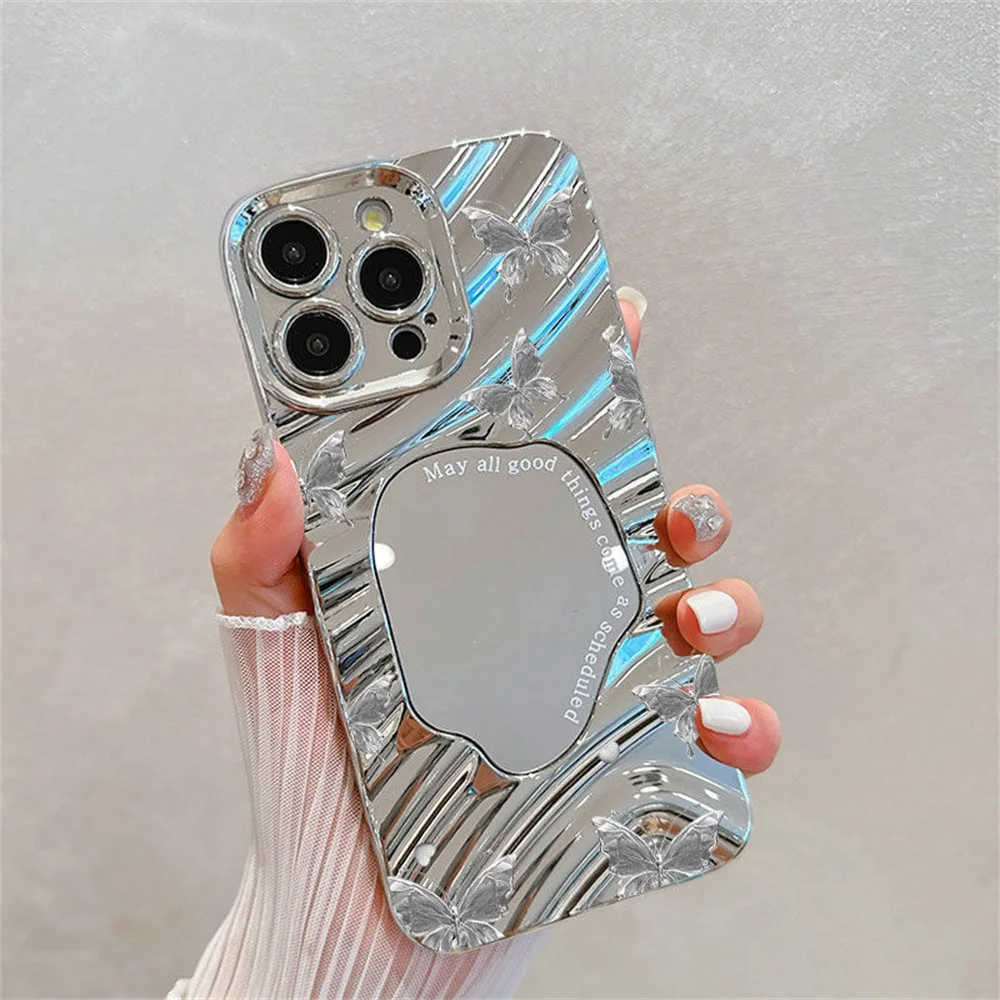 Фото Чехол для телефона INS Butterfly для iPhone 16 Pro, чехол для iPhone 15, 14, 13, 11, 12 Pro Max, зеркало для макияжа с волной, мягкий противоударный чехол-бампер №1