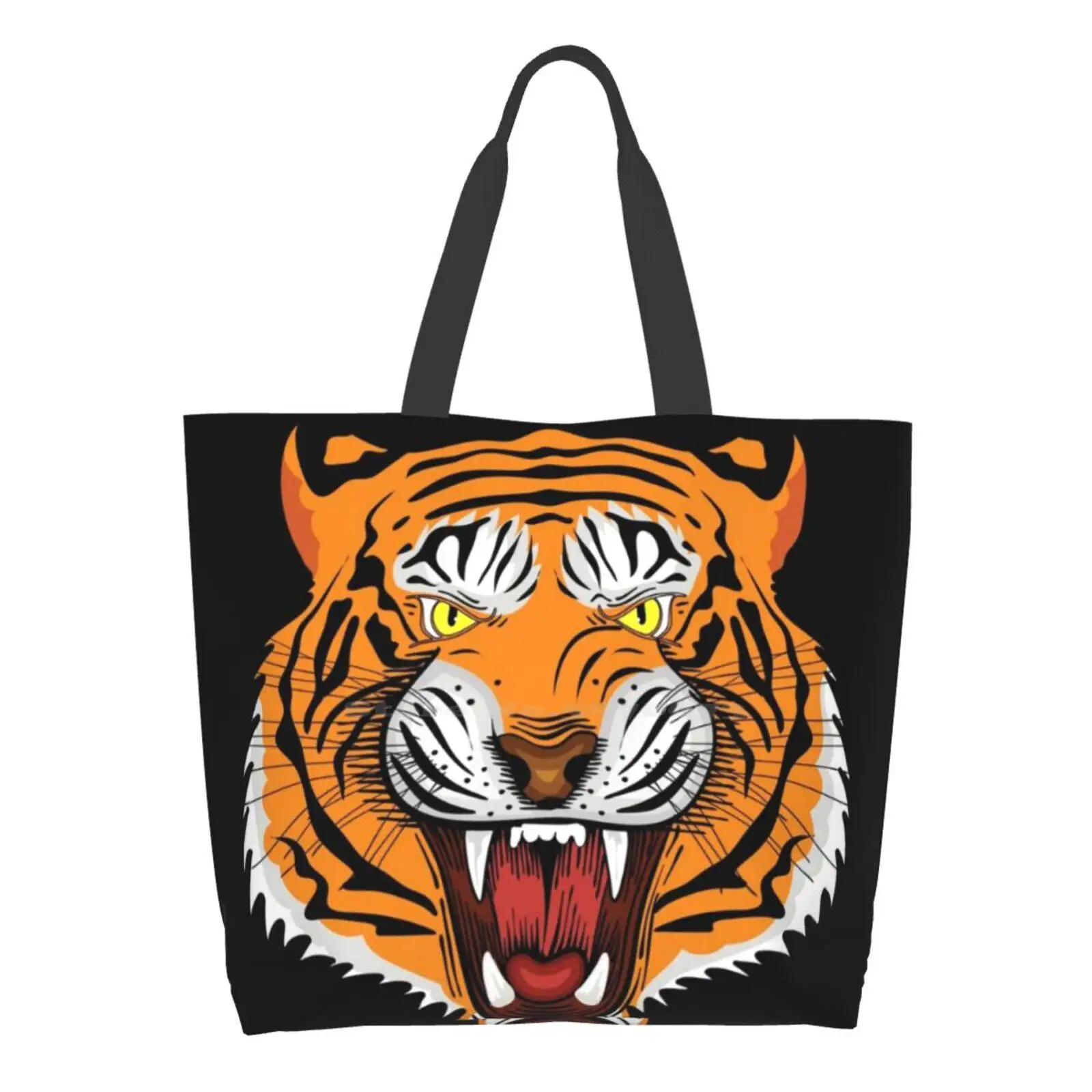 

Happy Tiger Women Shopping Bag Girl Tote Large Size Tiger Lion Cat Dog Tyga Face Smile Angry Teeth Yawn Animal Shiny Glossy