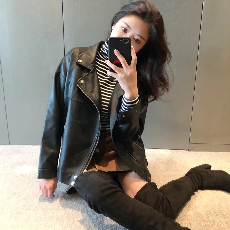 winter  autumn clothing pu skinny leather jacket women's short Korean  student chic motorcycle leather jacket women's coat