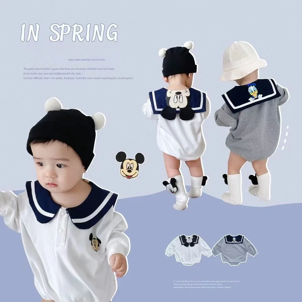Spring Newborn Baby Rompers Socks Set Cartoon Mickey Mouse Donald Boy Girl Jumpsuit Infant Costumes Cotton Long Sleeve Bodysuits