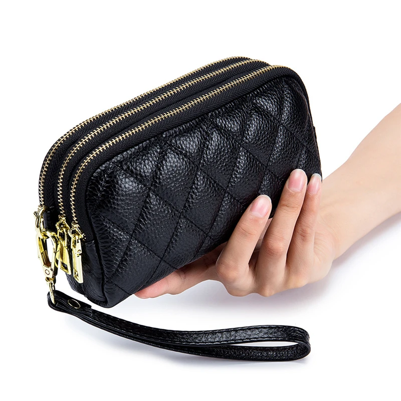 

Women Long Wallet Genuine Leather 3-layer Zipper Purse Bag Large Capacity Wristlet Clutch Phone Bag Solid Color Money Clip