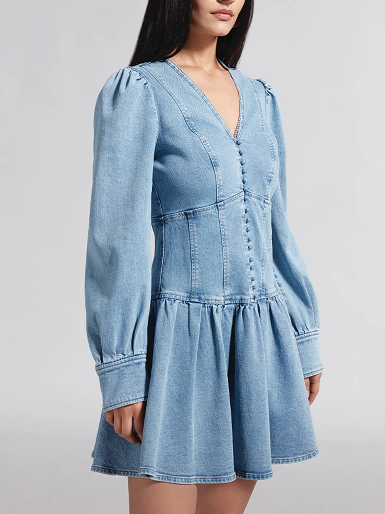 CHICEVER однотонные джинсовые мини плиссированные платья для женщин с V-образным
