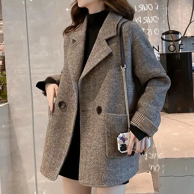 

Женское шерстяное пальто, винтажное пальто в британском стиле с отложным воротником, свободная повседневная куртка, Осень-зима 2022