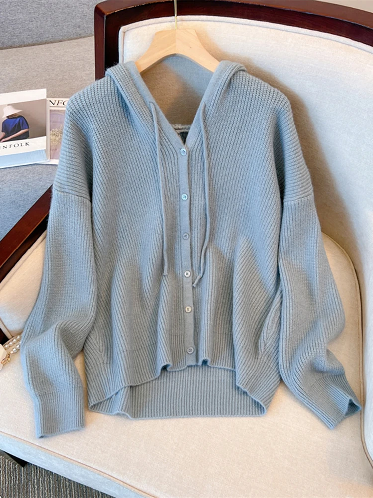 

Vintage Blue Hoodies Drawstring Women Autumn Knitwear Baggy Long Sleeve Simple Basic Knitted Cardigan Sweater Oversize Lady Chic