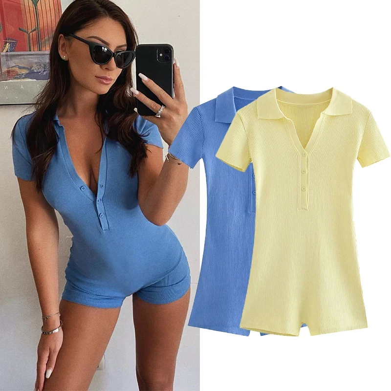 

Knitted Jumpsuit Women Short Sleeve 2022 Chic Lady Romper One Piece Outfit Shirt Bocycon Party Club Short Playsuit Female Summer