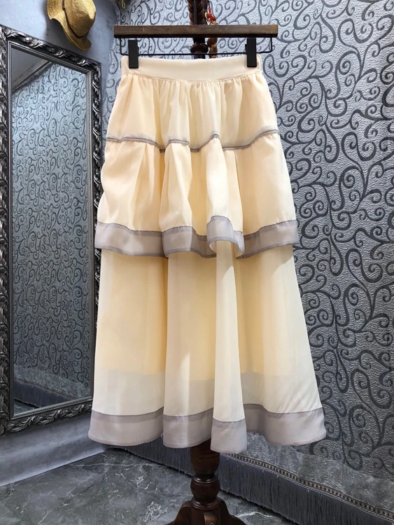 

2022 new women fashion elastic waist with ruffled color matching trim mid-length all-match half skirt 0106