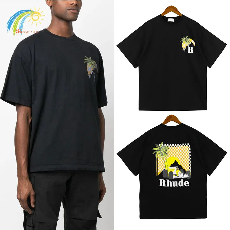 

Hip Hop Moonlight Tropic Logo Rhude T Shirt Men Women Best Quality Loose Racing Print Rhude Top Tee Black Apricot