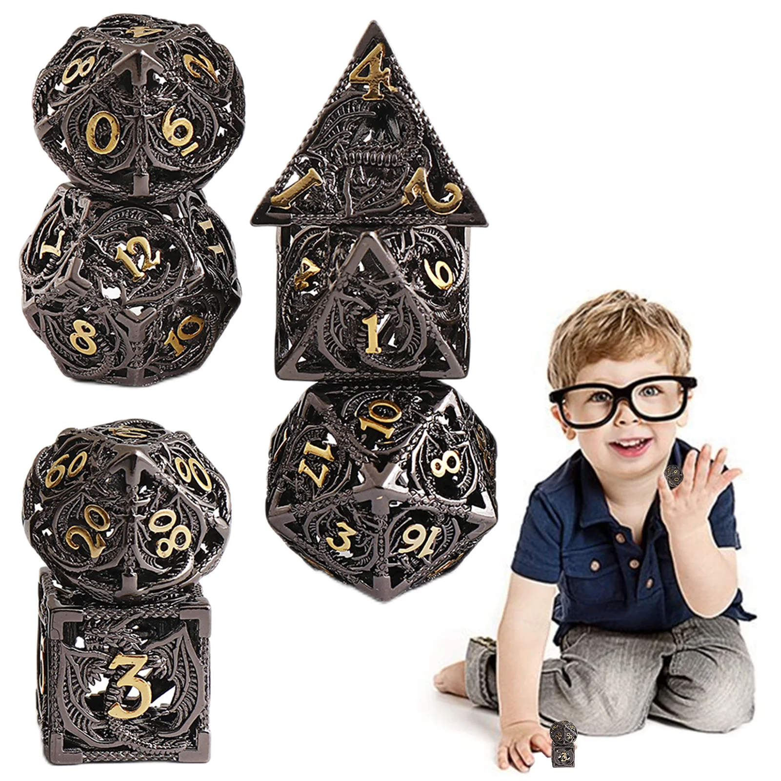 

7 Pieces DND Dice Set Metal Polyhedral Dice For Board Games Hollow Role Playing Game Dice Set with Metal Box