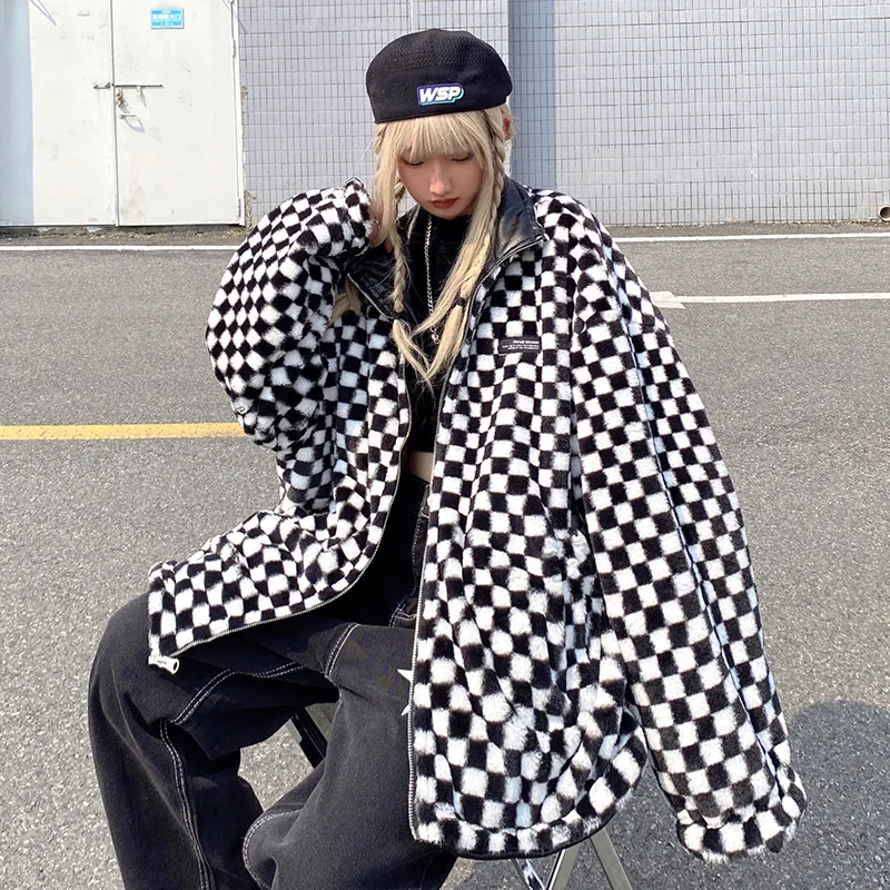 Leather Women's 2022 Winter High Street Thickened Cotton-Padded Jacket Design Sense Oversize Checkerboard Double-Sided Wear