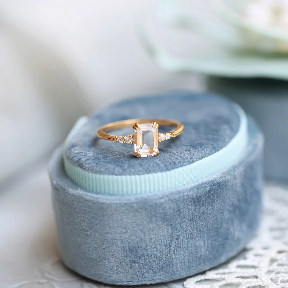 

LAMOON Wedding Ring Women Accessories Square Natural Clear Crystal 14K Light Gold Plated 925 Silver Vintage Rings Jewelry RI171