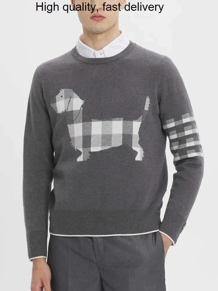 Pullover TB THOM Back Dog Printed Design Sweater Autumn Winter Fashion Brand Clothing Classic 4-Bar Striped Coat Quality Sweater