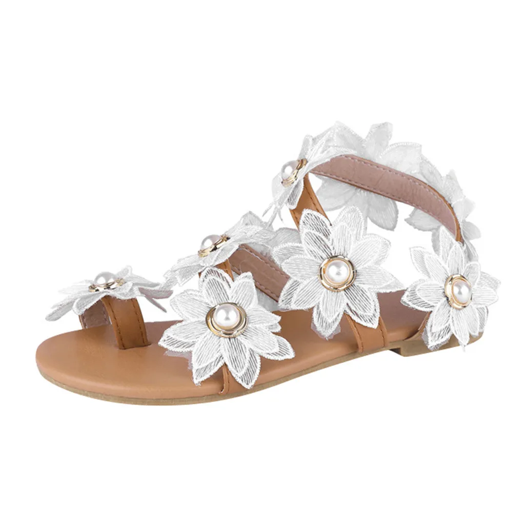 

2022 New Summer Ladies Shoes Women Sandals White Floral Flat Sandals Women Flower Bohemian Casual Beach Shoes zapatillas mujer