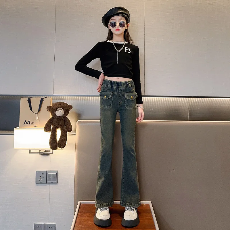 spodnie dla dziewczynki Dziewczęta Wiosna i jesień Zestaw 2024 Nowa moda średnich dużych dzieci Rozciągliwe wąskie rozkloszowane modowe