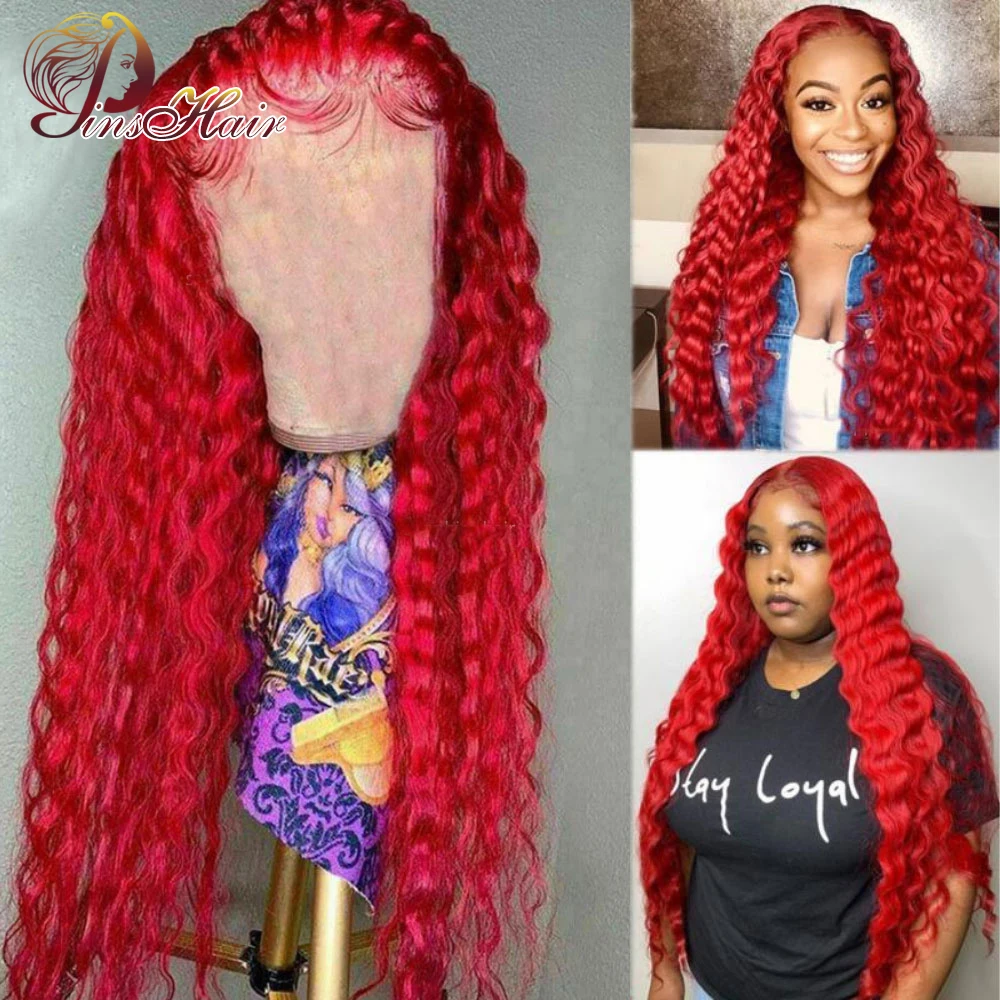 Red Curly Lace Front Human Hair Wigs Deep Wave Lace Front Wig Human Hair Pre Pluck For Women Remy Transparent Lace Front Wig 180