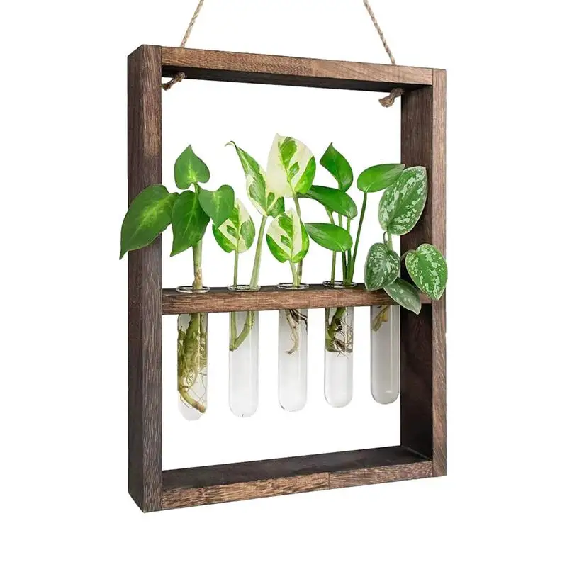Test Tube Propagation Station Tabletop Propagation Glass Terrarium Hanger Glass Bud Vase With 5 Test Tube Wooden Stand