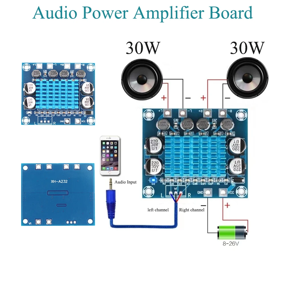 

Цифровой стерео аудио усилитель мощности, 2,0 каналов, 30 Вт + 30 Вт, Плата усилителя Mp3 модуля, 8-26 В постоянного тока, 3 А