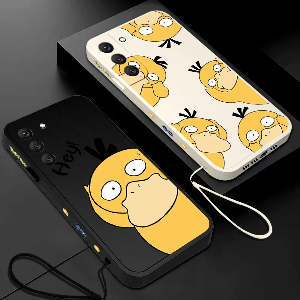 

Anime Cute Cartoon Pokemen Psyducks Phone Case For Samsung Galaxy S23 S22 S21 S20 Ultra FE S10 4G S9 Note 20 9 Plus With Lanyard