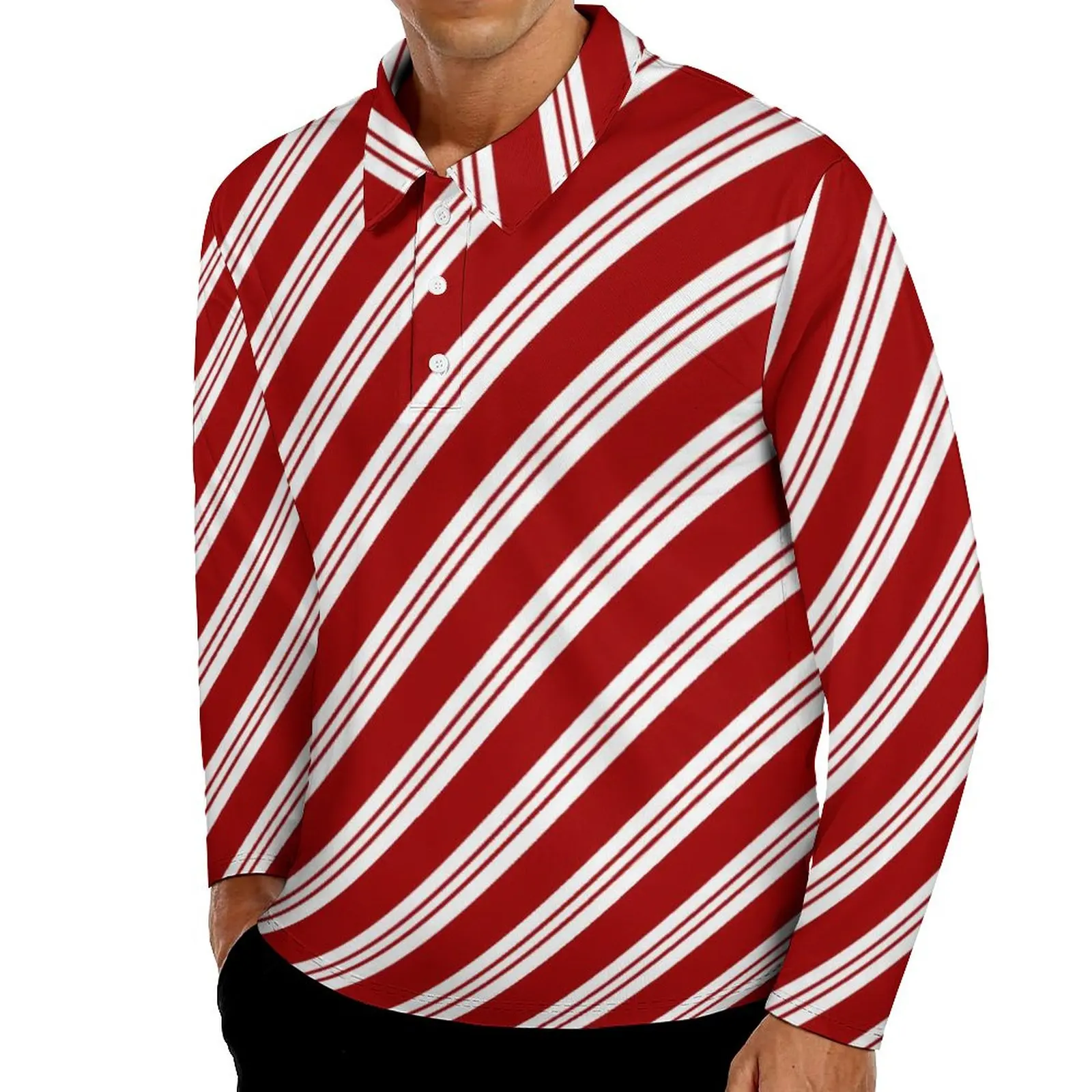 

Christmas Print Polo Shirt Mens Red Stripes Casual Shirt Spring Fashion Turn-Down Collar Long Sleeve Graphic Oversized T-Shirts