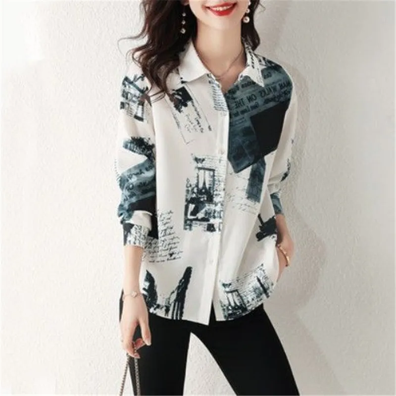 

Spring Autumn Vintage Shirts for Women Long Sleeve Chiffon Shirt Printed Loose Casual Top Shirt Female Clothes Woman Blouses