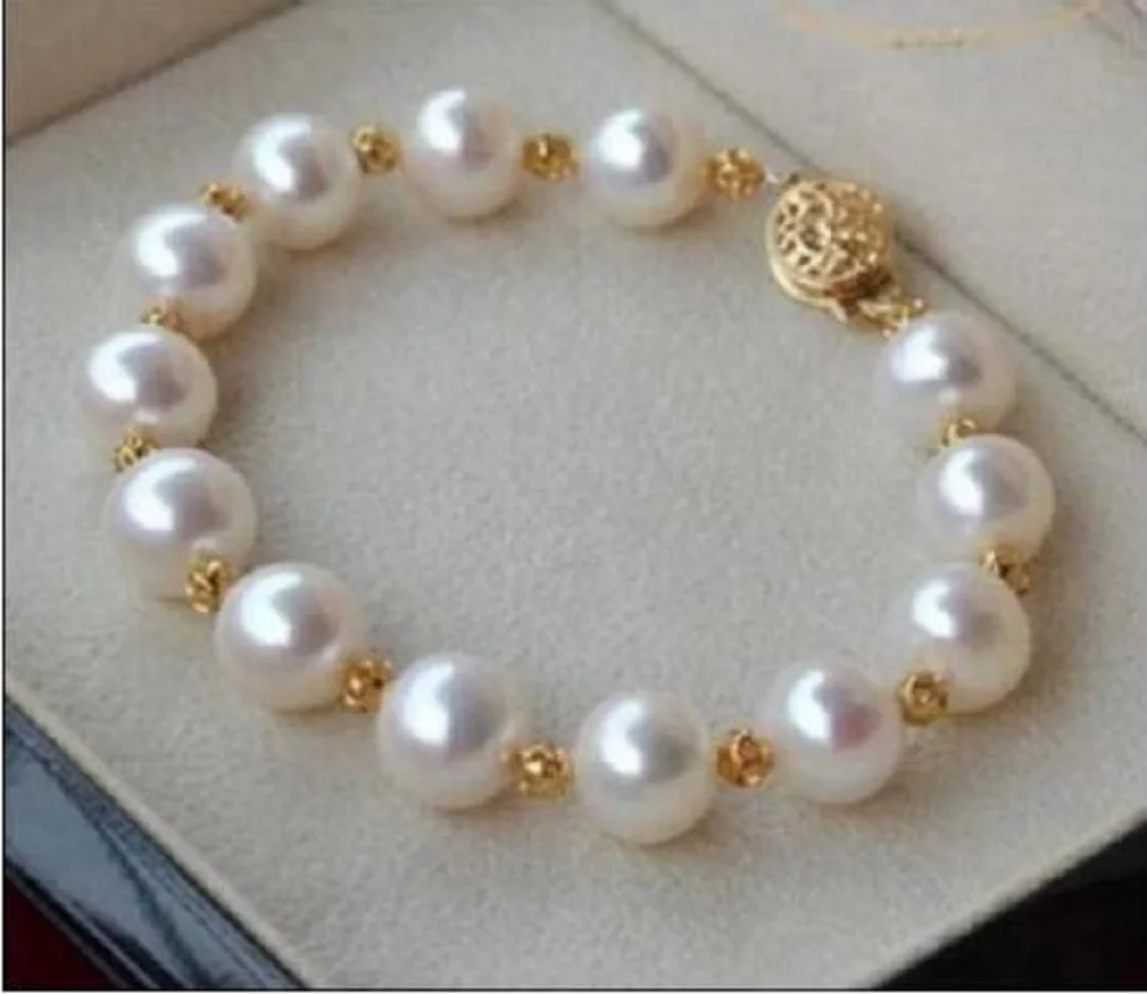 

New AAA 10-11mm South Sea Genuine White Pearl BRACELET 7.5-8" Gold