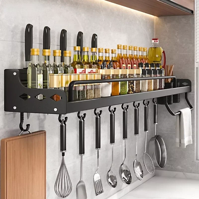 

Wall-mounted Kitchen Storage Shelf Spice Racks Knife Holder Spoon Hanging Rack Punch-free Kitchen Accessories Organizer Storage