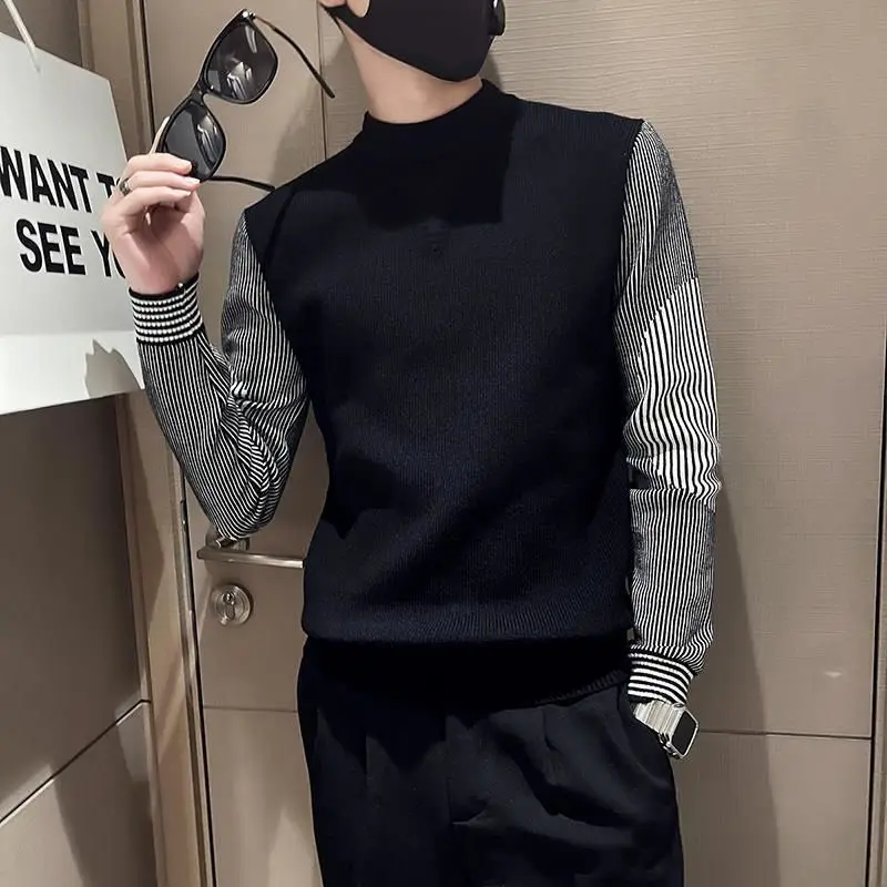 Men's Fashion Autumn Winter O-Neck Sweater Korean Man Casual Loose O-Neck Patchwork Knit Pullover Tops 2022 New Clothing Male