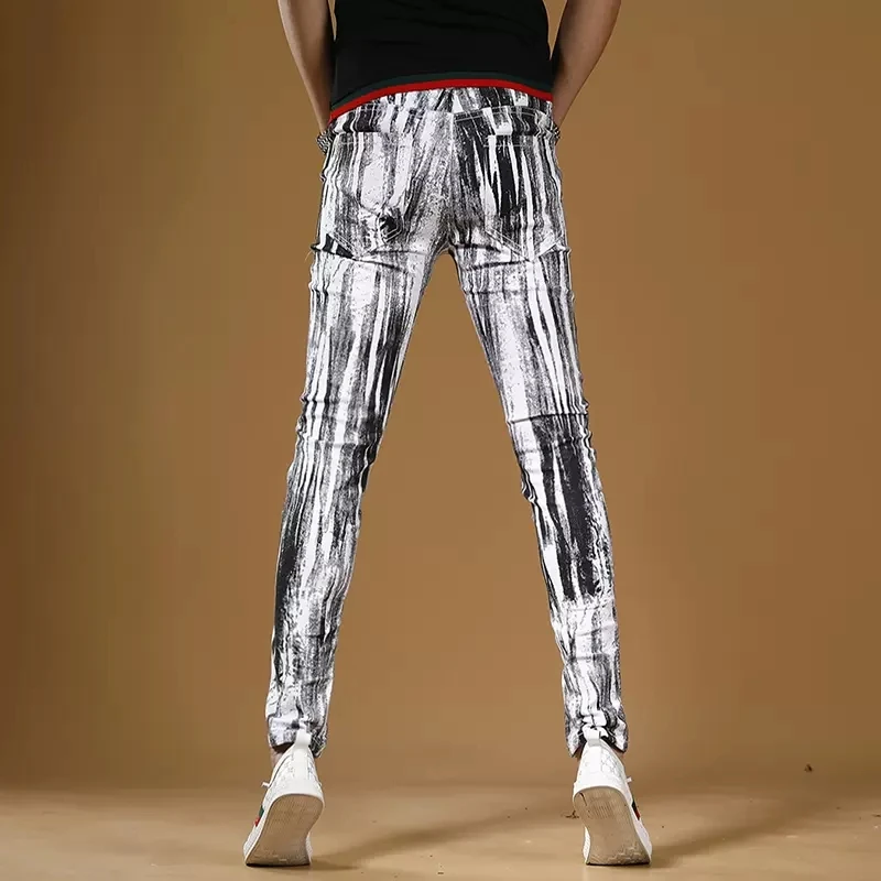 Summer Men Striped Printed White Jeans Streetwear Casual Slim Fit Straight Pants Korean Style Digital Printing Denim Trousers