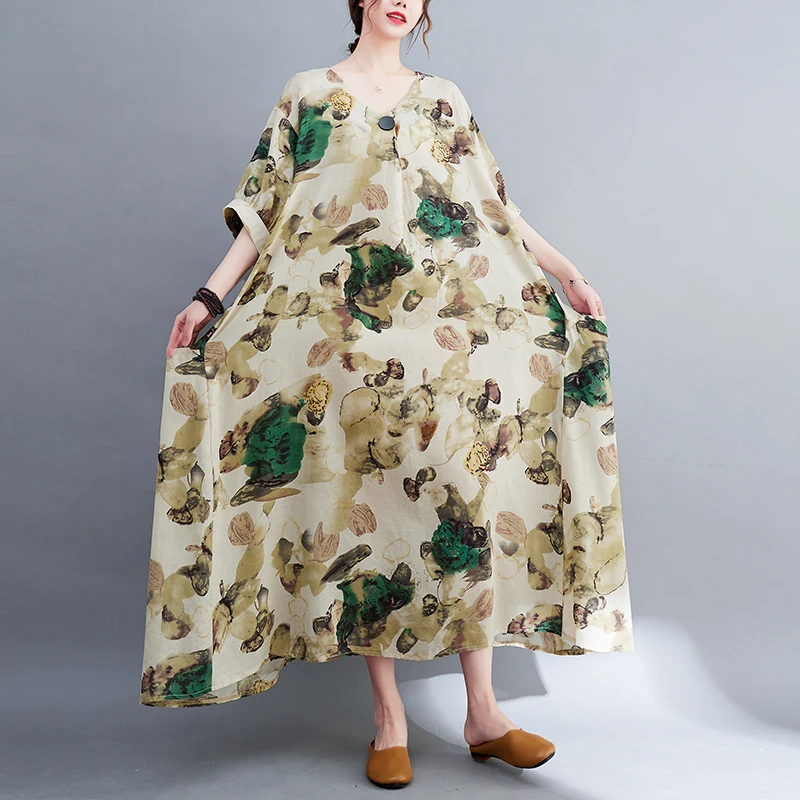 

SuperAen Women's Loose Long Swing Cotton and Linen Dress Short Sleeve Decorative Oversized Casual Long Dress