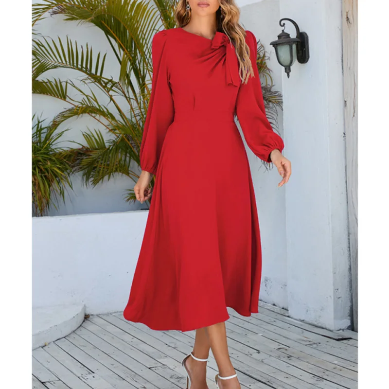 Женское платье-миди с бантом однотонное длинное ТРАПЕЦИЕВИДНОЕ ПЛАТЬЕ длинным