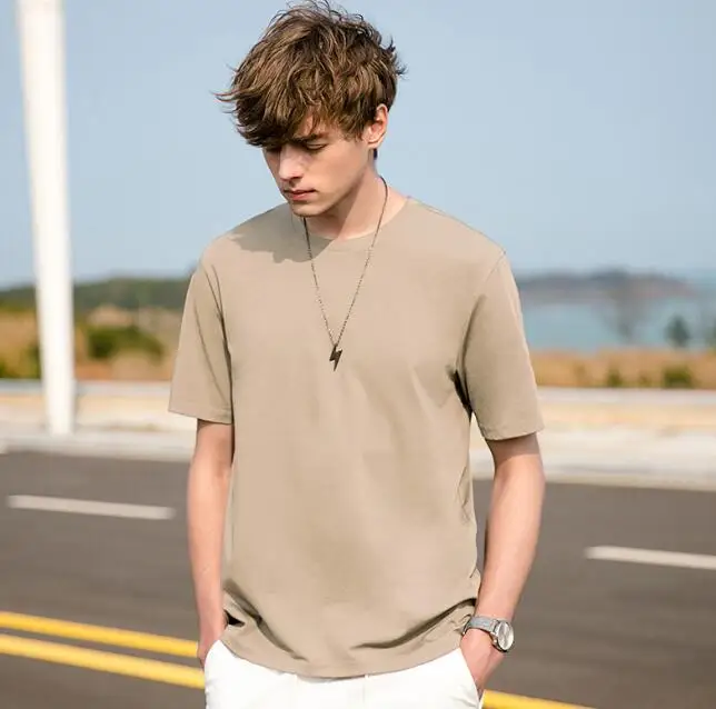 

New Men's Basic Khaki Color Short Sleeve Round Colar Cotton Blend Slim Casual T-Shirt ABD582