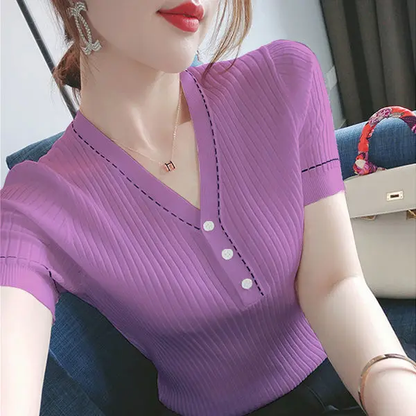 

Purple Summer Thin Ventilation Office Lady Cloth Women T-shirt Knitting Short Sleeve Stretchy V-Neck Ice silk Button Tops