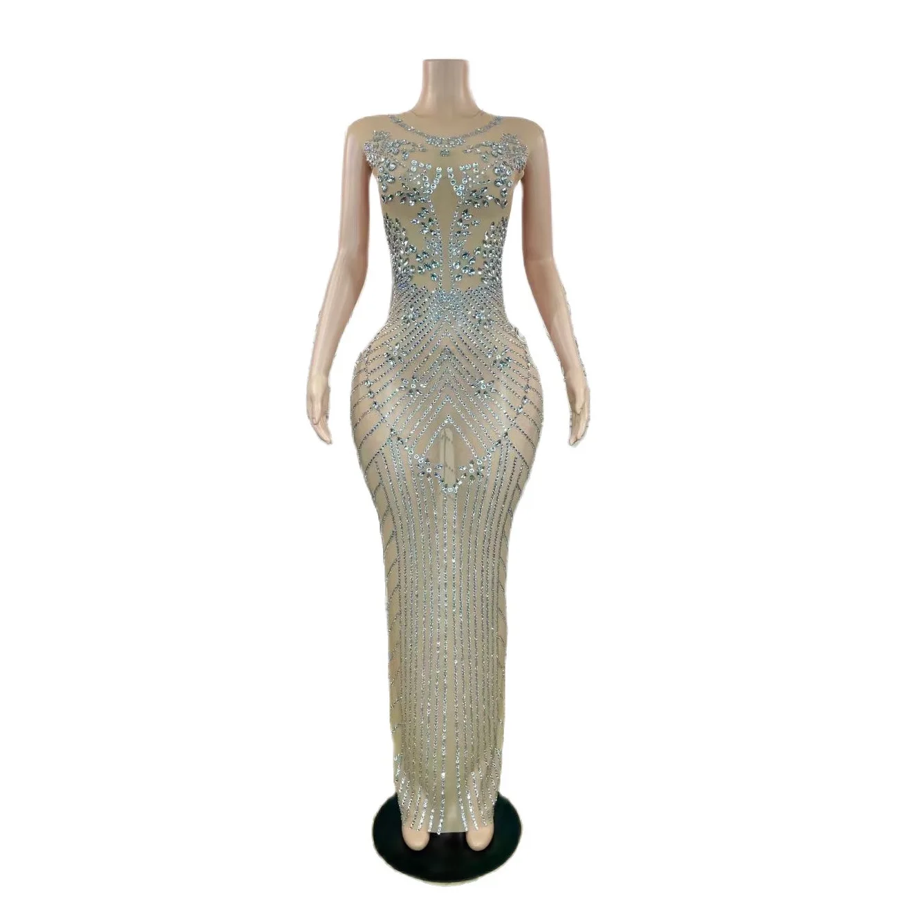 

Nude Gauze Sexy Sleeveless Shining Rhinestones Crystal Split Long Dress For Women Evening Banquet Clothing Singer Stage Costumes