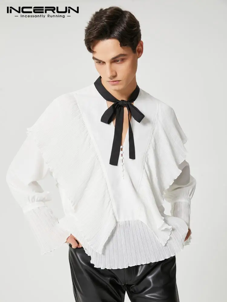 

Stylish Well Fitting Tops INCERUN New Men Ruffled V-neck Blouse Handsome Male Solid Color Black Ribbon Long-sleeved Shirts S-5XL