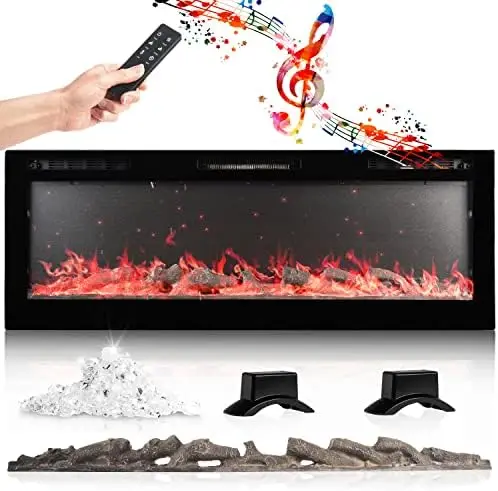 

Fireplace Insert | 60" Mounted, Recessed Or Base Legs | Plays Music with 2 Bluetooth Speakers | 10-Color Flame LED | Remote